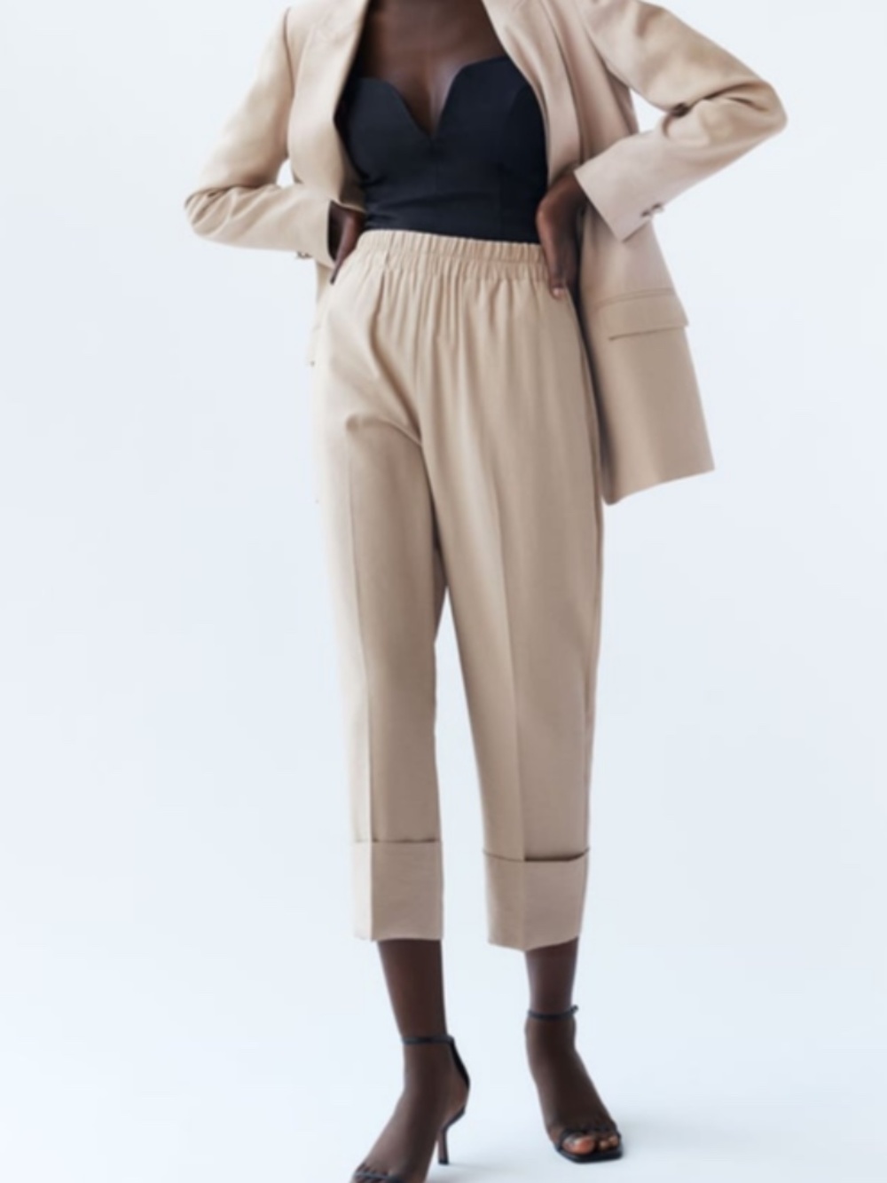 ZARA Beige Elastic Waist Pants XS High Rise Cuffed Hem Relaxed Minimalist Trouse